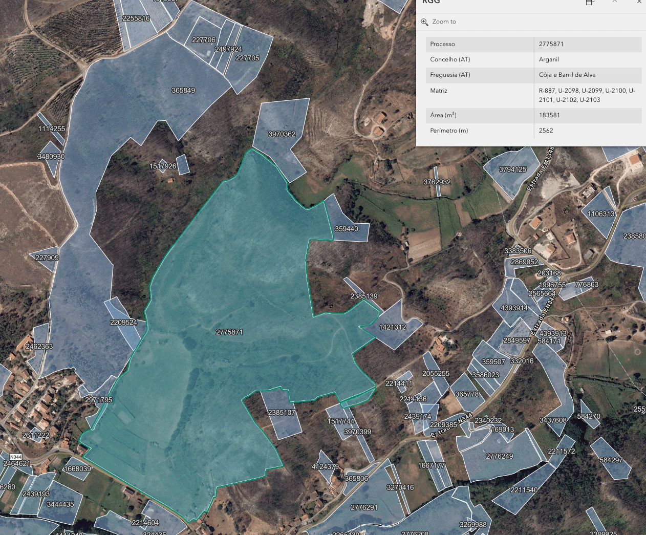 Public BUPi map showing the Candosa registration and its recorded area of 183,581 square metres