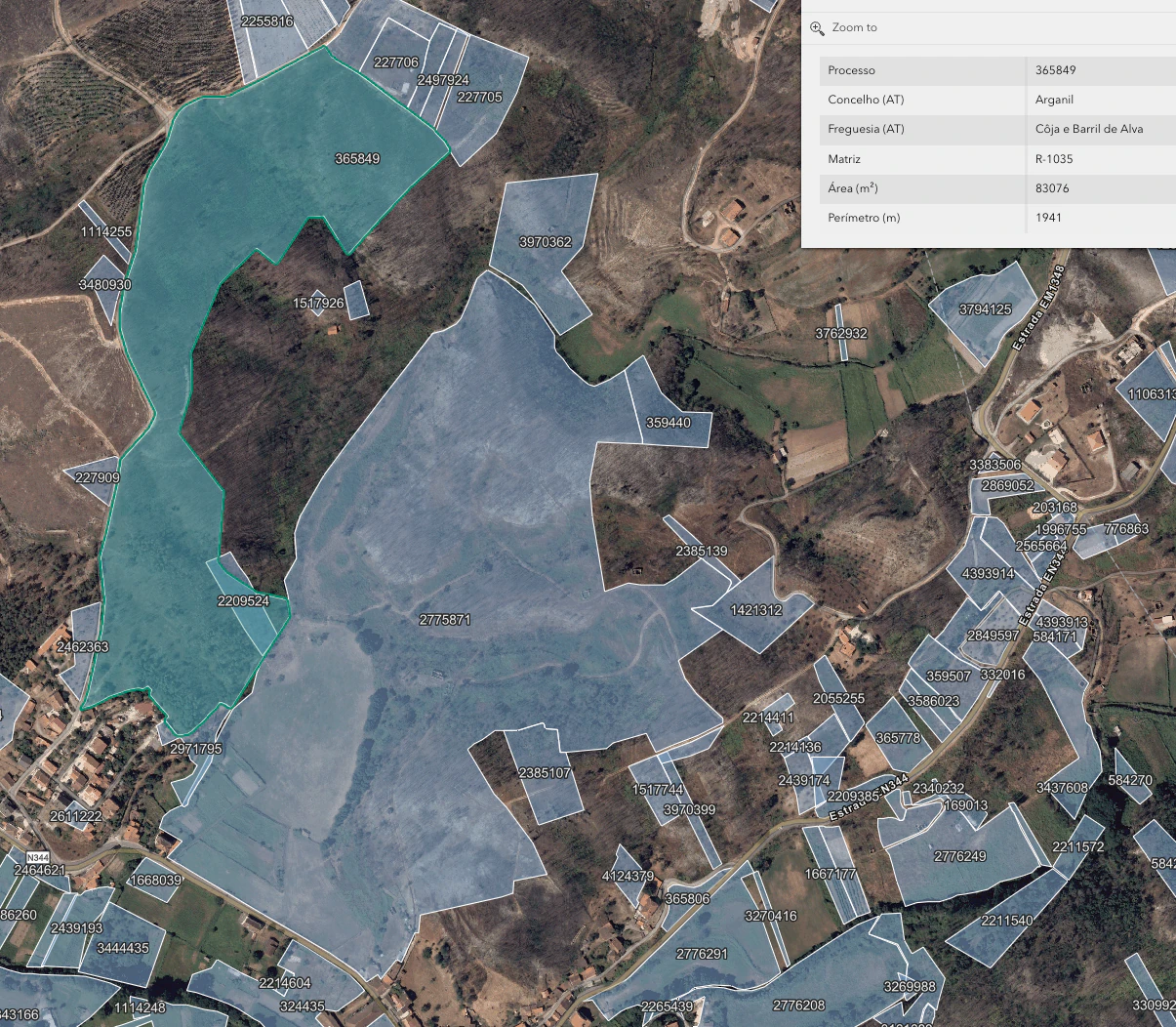 Public BUPi map showing the Valverde registration and its recorded area of 83,076 square metres