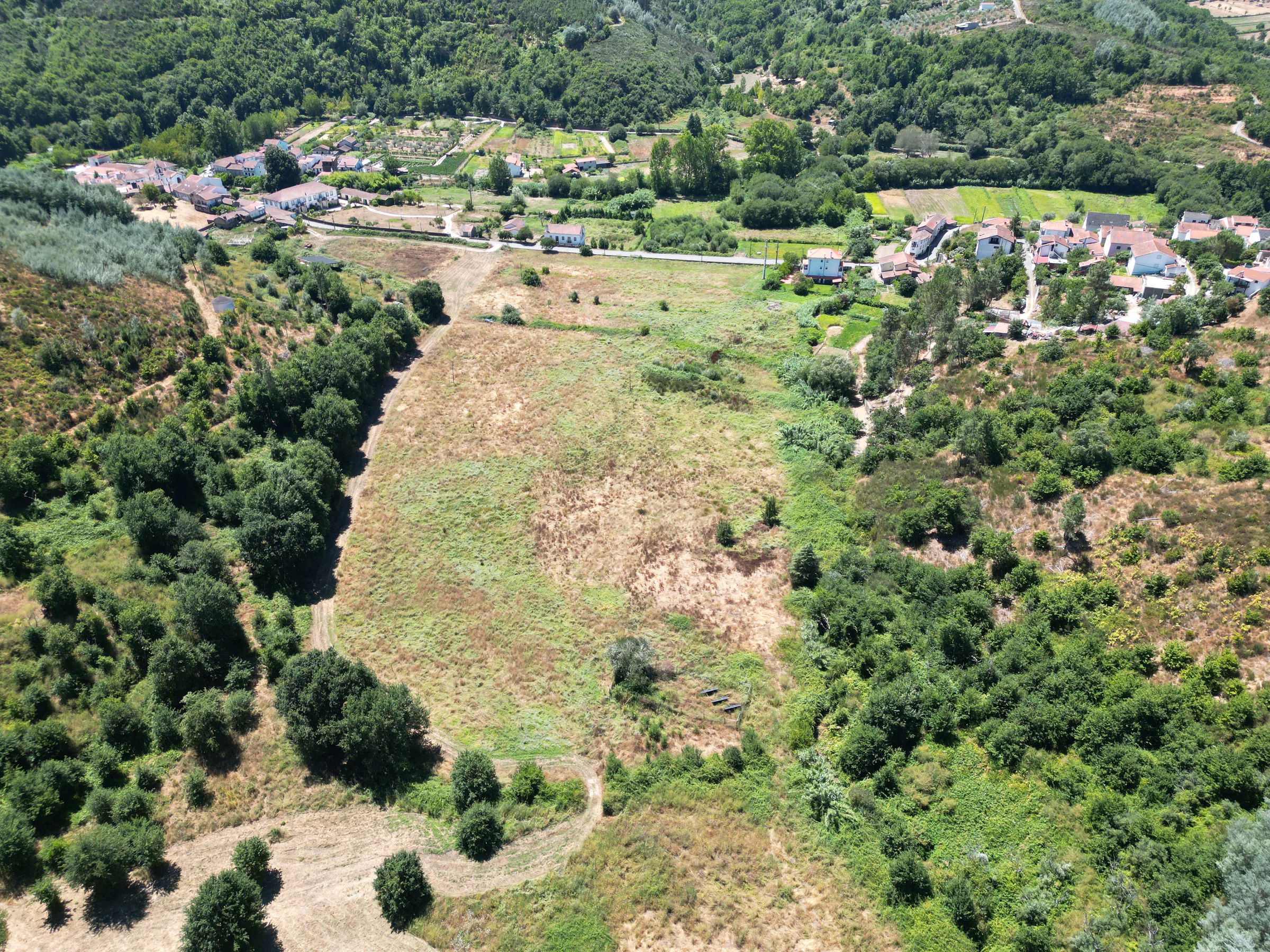 Vista aérea sobre os campos e a floresta de Candosa e a zona limítrofe da aldeia